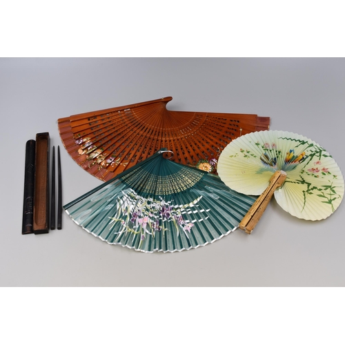 349 - Three Hand Fans, With Pair of Oriental Ebonised Hair Sticks (Presentation Box is AF), Includes Handp... 