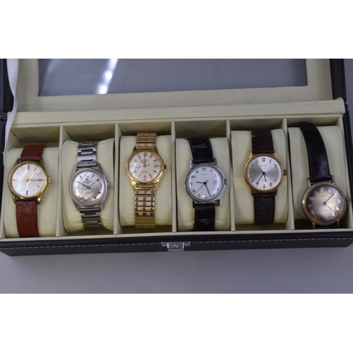 107 - Selection of Six Mechanical watches in display Case (one strap A/F)