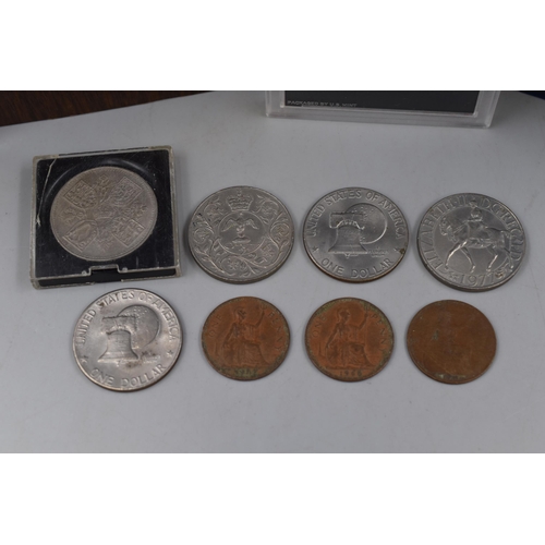 159 - A Selection of UK and USA Coins To Include Proof 1972 Eisenhower Dollar, Collectable Crowns, Britain... 