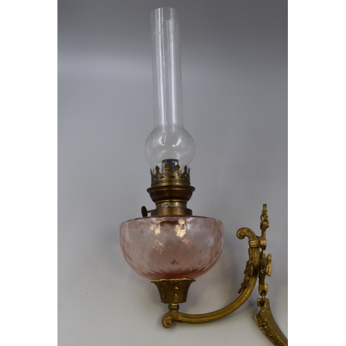 358 - A Vintage Brass and Rose Glass Wall Mounted Oil Lamp, With Shade. Loose Rose Glass Shade