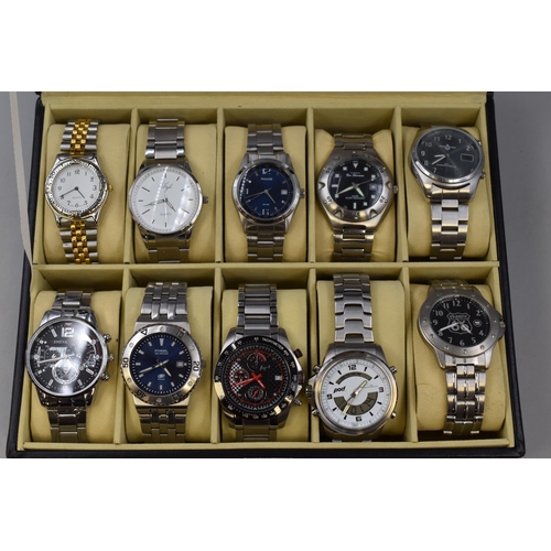 177 - Selection of Ten Quartz Gents Watches in Display Box ( one A/F)