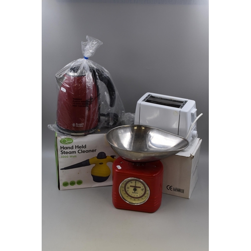 541 - Mixed lot to include Russell Hobbs kettle, Typhoon weighing scales, Toaster and Hand held steam clea... 