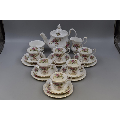 374 - Twenty-One Piece Royal Albert Moss Rose Tea Service. Includes Six Trios, Teapot (AF), Milk Jug, and ... 