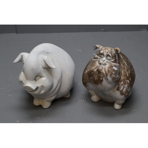 640 - Two Large Ceramic Animal Figures, Pig (White) and Bulldog (Gold Tone). Approx 15.5