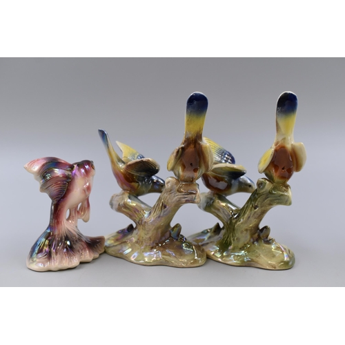 207 - Three Jema Holland two love bird figurines and a small fish figurine lustre finish (tallest 6 1/2