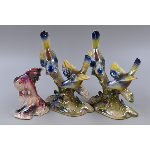 207 - Three Jema Holland two love bird figurines and a small fish figurine lustre finish (tallest 6 1/2