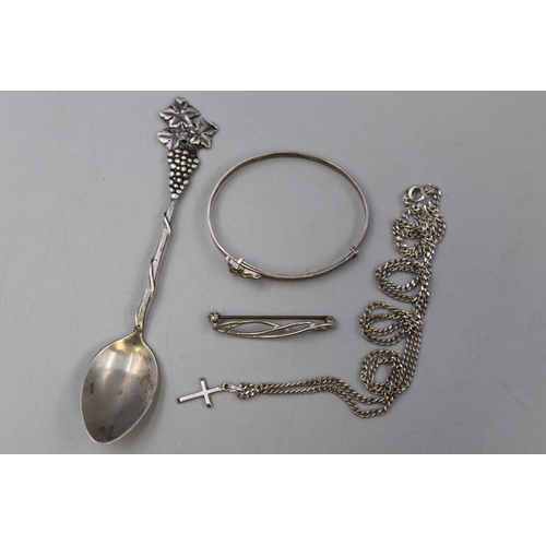 219 - Selection of Silver inclduing Spoon, Brooch, Bracelet and Cross Pendant Necklace