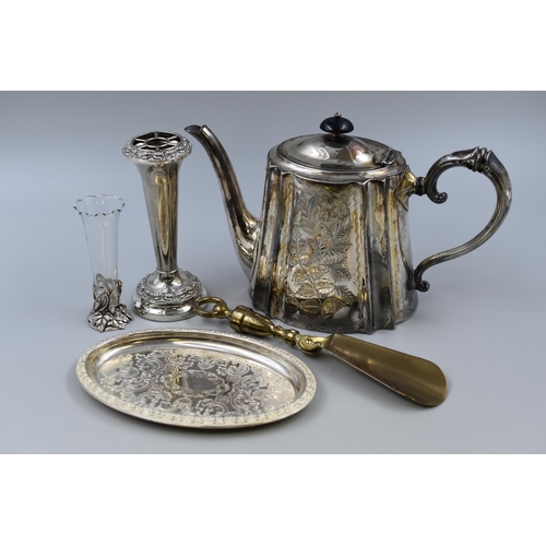 221 - Selection of silver plated items to include a teapot, small tray and more