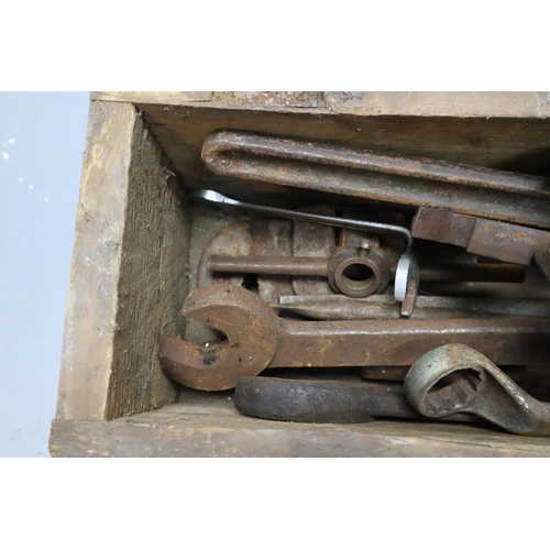 658 - A Selection of Heavy Duty Vintage Metal Tools, In Wooden Tool Chest. Includes Fiat No 50 Spanner, Re... 