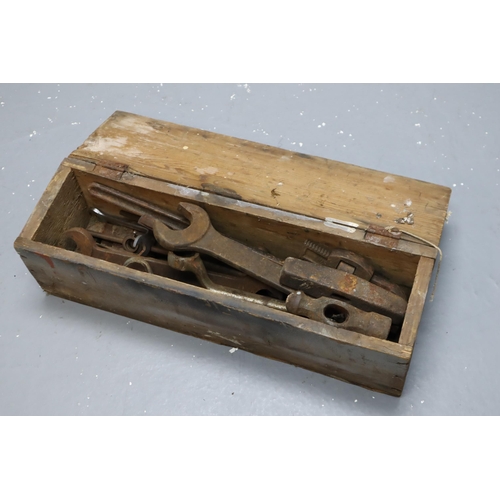 658 - A Selection of Heavy Duty Vintage Metal Tools, In Wooden Tool Chest. Includes Fiat No 50 Spanner, Re... 