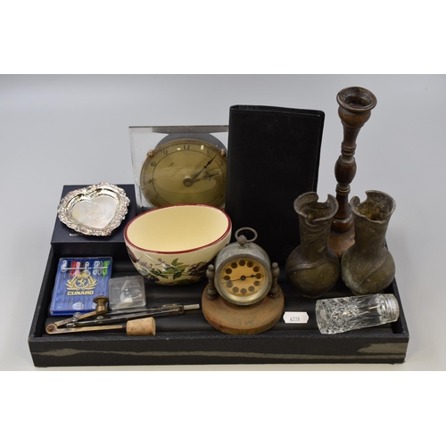 223 - A Mixed Selection To Include Cunard Line Memorabilia, Brass Candlestick, Two Mantle Clocks (Spares O... 