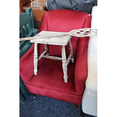 630 - Three Vintage Items to include a Nice Comfy Small Red Velvet Harriet Style Winged Armchair and a Wea... 