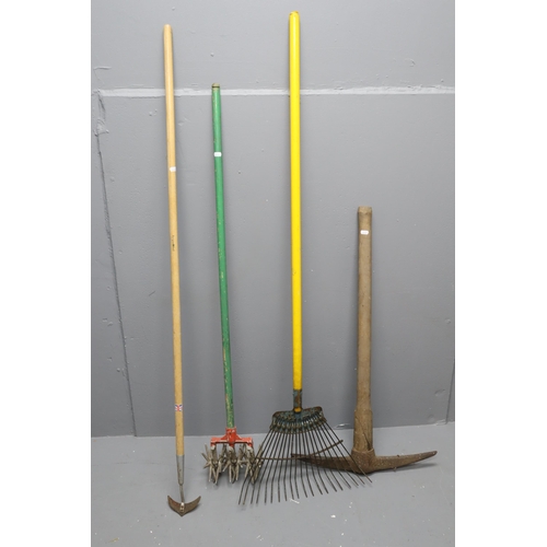 663 - Four Gardening Tools to include a Pickaxe< a V-Hoe, a Agitator and a Rake. No Postage