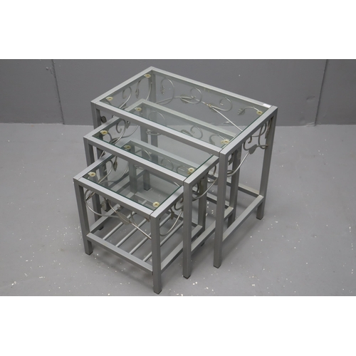 636 - Modern Metal Framed Glass Topped Nest of Three Tables in Silver Colour largest 20