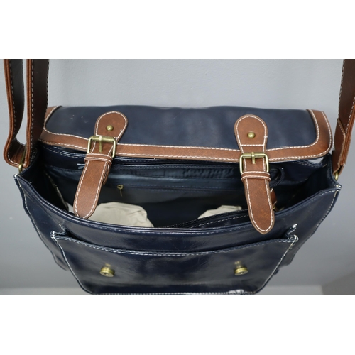 706 - Brand New Designer Leatherette Satchel Bag Complete with Shoulder Strap in Royal Blue and Light Brow... 