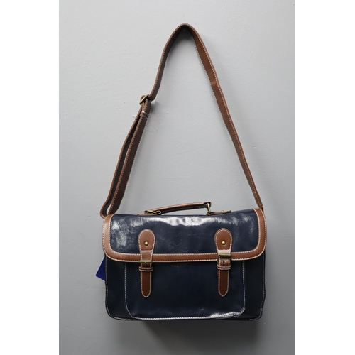 706 - Brand New Designer Leatherette Satchel Bag Complete with Shoulder Strap in Royal Blue and Light Brow... 