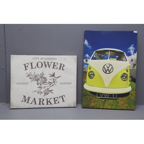 385 - Two Canvas on Frame Pictures to include Vintage VW Camper Van and London Covent Garden Flower Market... 