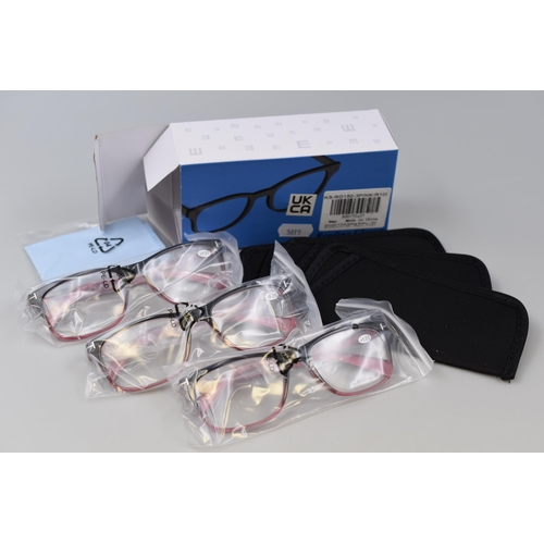 413 - Three Pairs Of New Reading Glasses (+1.00 ) Complete With Cases And Wipes