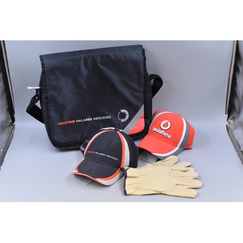 720 - Driving sports memorabilia, two new with tags on Vodaphone McLaren Caps, one is a Lewis signed hat t... 