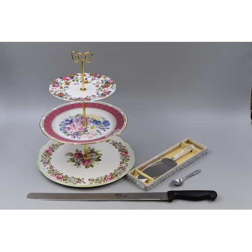 727 - Three Tier Porcelain Cake Stand, Extra Long Cake Knife and Cake Slice Knife