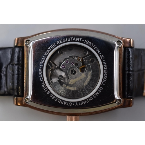 76 - A 23 Jewels Ingersoll Ladies Automatic Skeleton Watch, Clear Stoned and Copper Tone With Leather Str... 