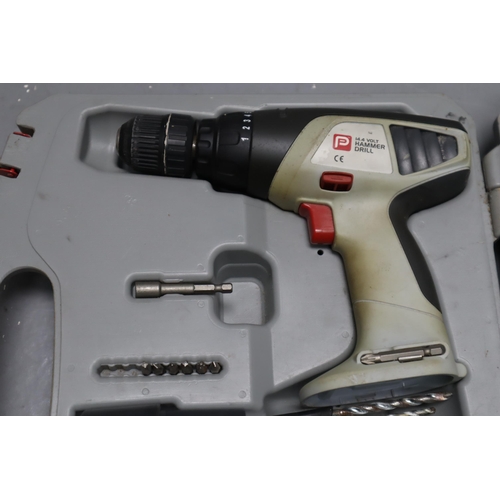 673 - Cased 14.4v Cordless Hammer Drill complete with One Battery, Charger, and Drill Bits Powered on when... 