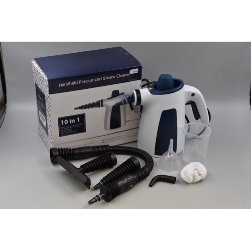 683 - New Handheld Pressurized Steam Cleaner with Box and Attachments (Mising Brush) Working