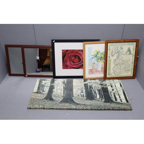 441 - Selection of 4 Pictures and two Mirrors including Historic Map of Lancashire (Largest 4ft x 22