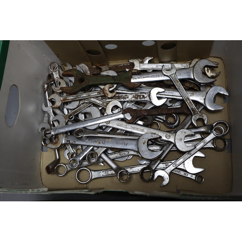 807 - Three boxes of mixed tools including spanners, sockets and gauges