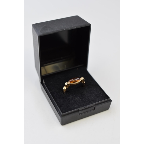 2 - Hallmarked 375 (9ct) Gold Amber Stoned Ring (Size M) Complete with Presentation Box