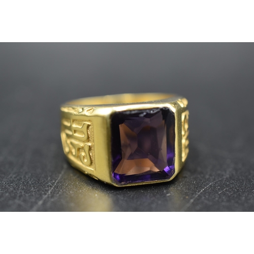 21 - Silver 925 Gold Plated Amethyst Stoned Gents Ring (Size R) Complete with Presentation Box