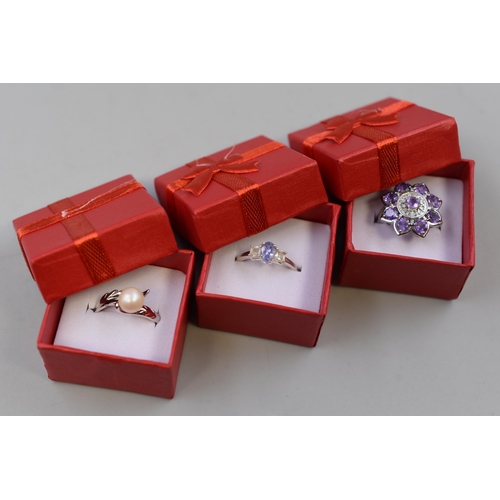 144 - Three Silver 925 Gemstone Rings Complete with Presentation Box