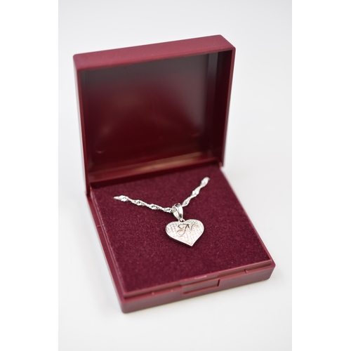 32 - Silver 925 Necklace with Letter N Heart Pendant Complete with Presentation Box