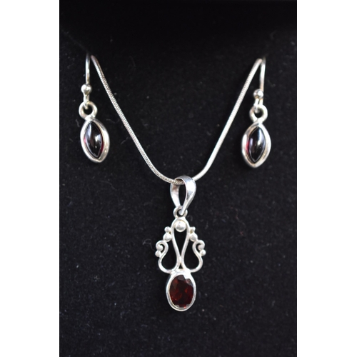 55 - Silver 925 Red Gemstone Necklace and Earring Set