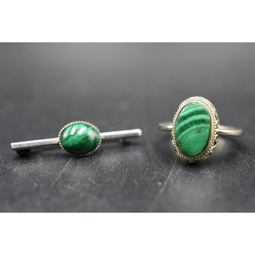 57 - Silver 925 Malachite Stoned Ring and a Matching Non Silver Brooch
