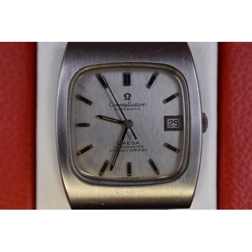 61 - Omega Rectangular SS Constellation 20 Jewel Automatic Swiss Watch, with date Function (Ref 166058-16... 