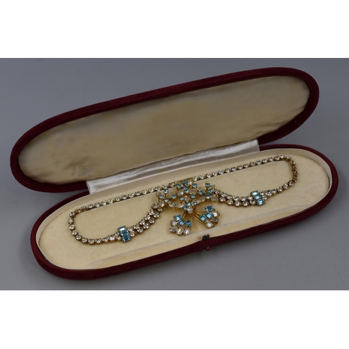 63 - Mid Century 1950s Aqua Blue and Rhinestone Necklace Complete with Presentation Box