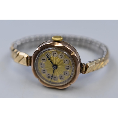 68 - Gold 375 (9ct) Cased Ladies Mechanical 15 Jewel Watch with Elasticated Strap (Working when Tested)