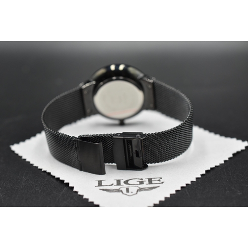 93 - Lige Black Faced Gents Quartz Watch with Box and Paperwork (Working)