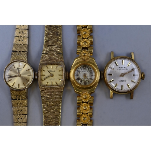 105 - Four gold plated ladies hand line watches 17 jewels (working)