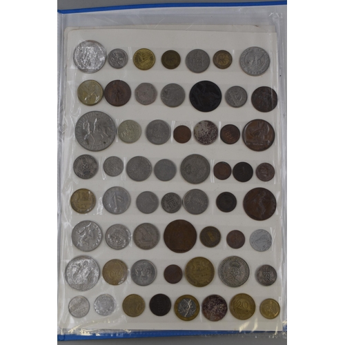 200 - Folder of coins cotaining 4 sheets of approx 200 English and Foreign coins