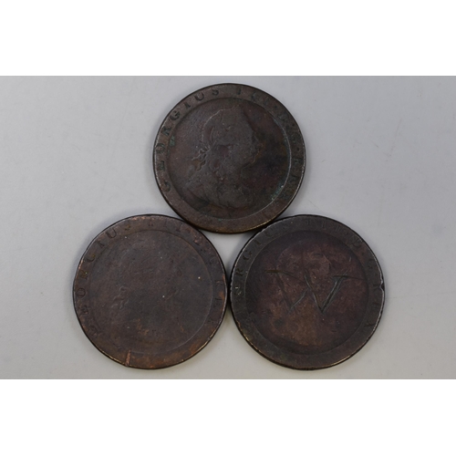 201 - Three 18th century George III 'Cartwheel' two pence coins, 1797