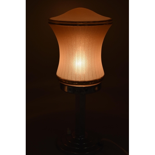 400 - Art Deco Lamp with Pink Frosted Glass Shade and Gold Gilt Edge Finish Sitting on a Chromium Plated B... 