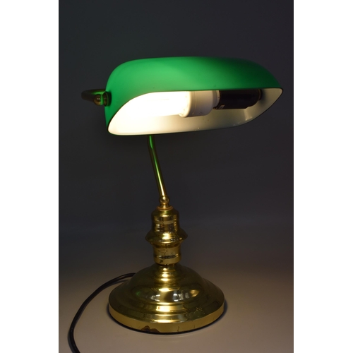 401 - Vintage Style Bankers Table Lamp Green Glass Shade and Brass Base, Working When Tested, approx 15