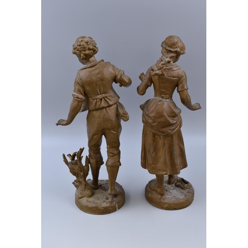 405 - A Pair of Spelter After Emile Bruchon 19th Centur French Figures, Young Girl and Boy. Approx 14