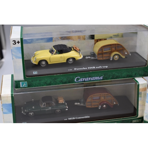 228 - Cararama caravan collection includes 1/43 Porsche 356B & 356B softop, Merc 280SL rodster, MGB co... 