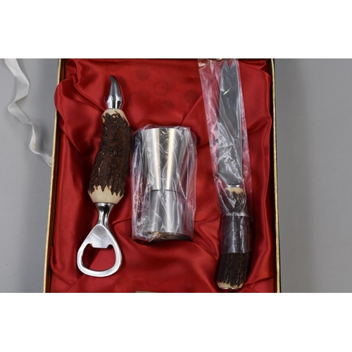 262 - A Stag Horn Gift Set in Presentation Box, Includes Bottle Opener, Knife and Other