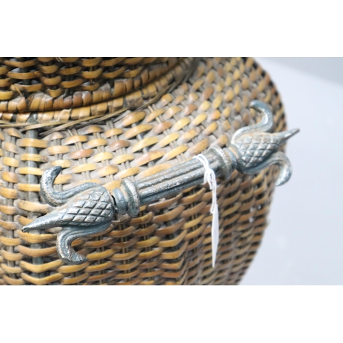 526 - An Ali Baba Rattan Basket, With Metal Handles and Base, And Hinged Lid. Approx 34