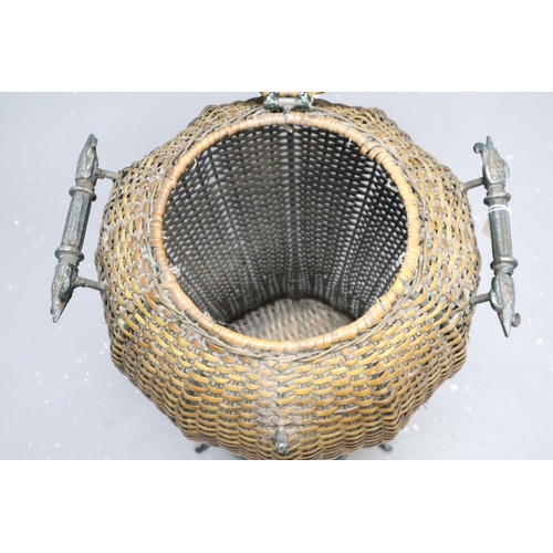 526 - An Ali Baba Rattan Basket, With Metal Handles and Base, And Hinged Lid. Approx 34