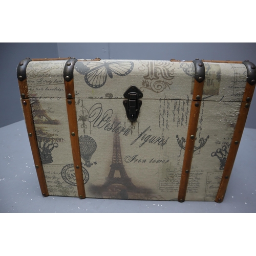 626 - A Vintage Style Wood and Metal Bound Travel Trunk Depicting Paris, Approx 16.5